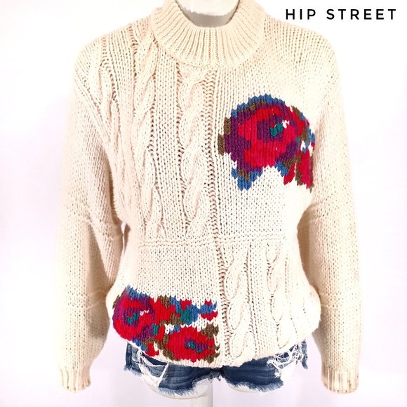 Rafferty Sweaters - VINTAGE 80's RAFFERTY LS Chunky Cable & Floral Accent Grannycore Long Sweater M